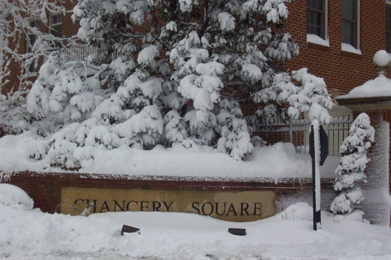 Snowfall over Chancery Square